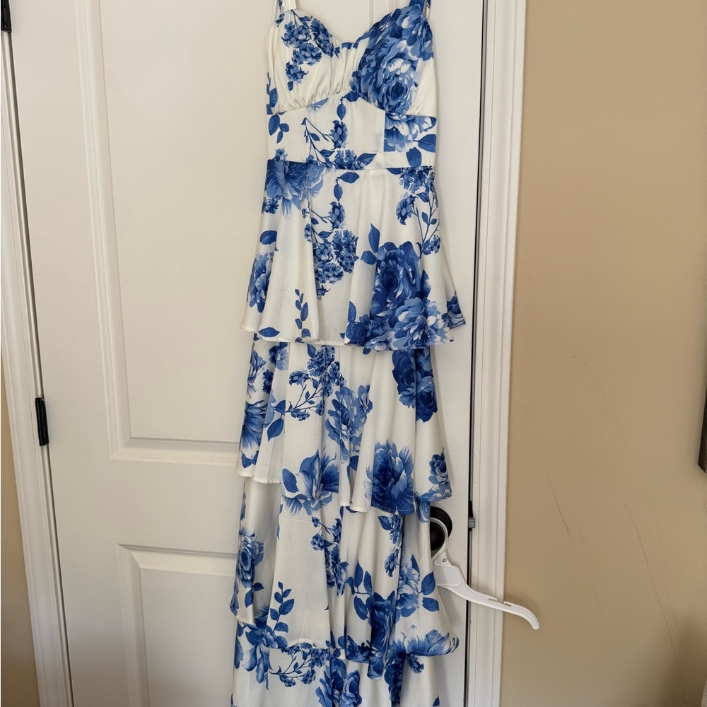 White & Blue Floral Tiered Maxi Dress